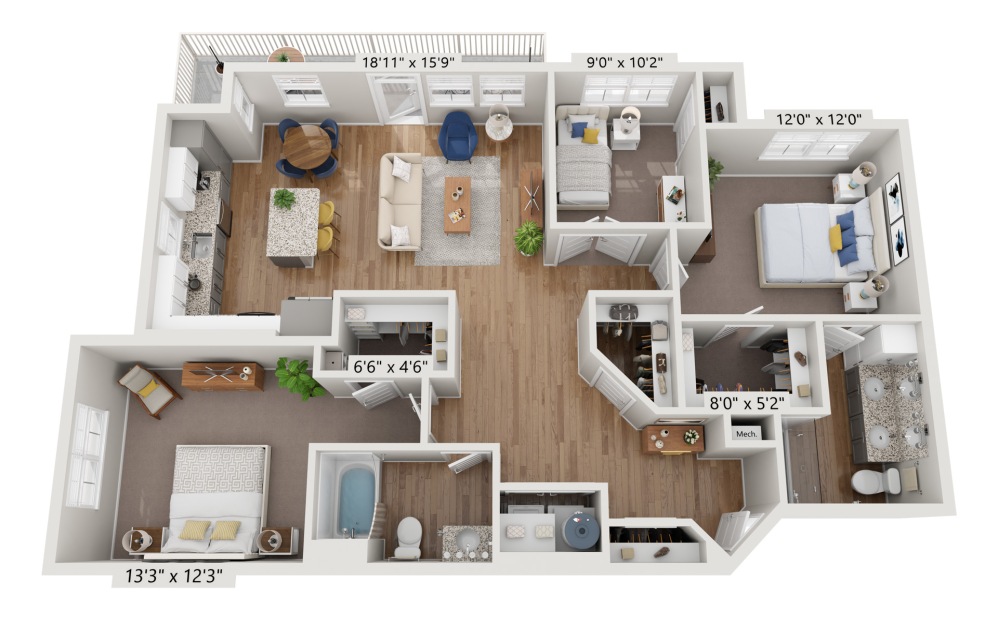 C1B - Amethyst - 3 bedroom floorplan layout with 2 bathrooms and 1330 square feet