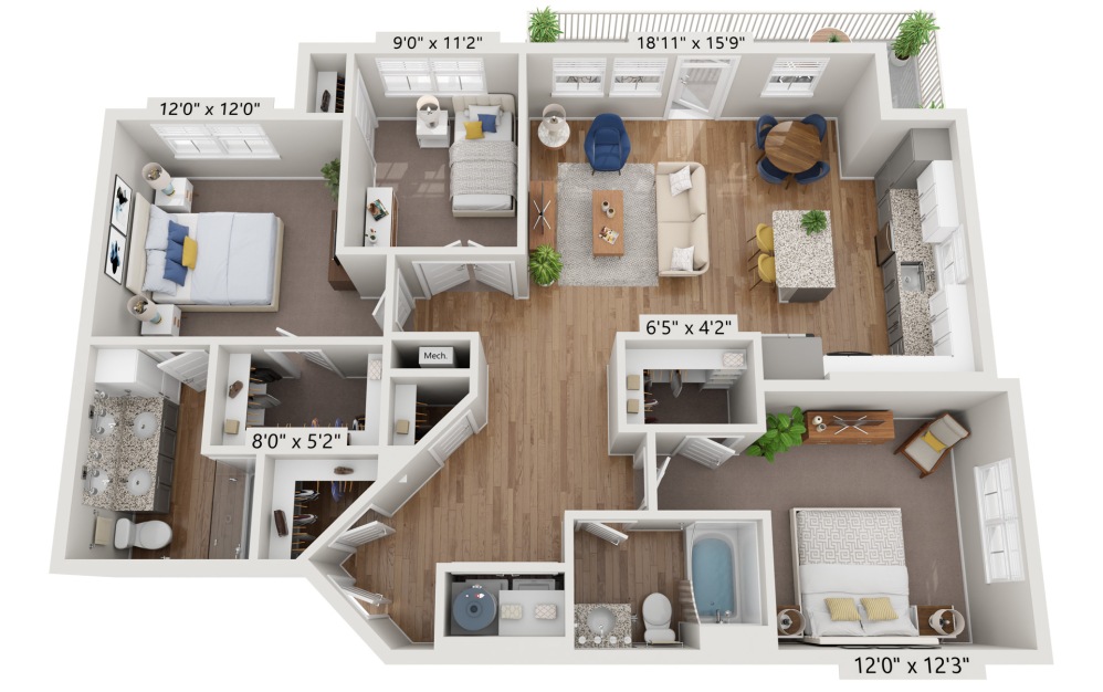 C1A - Amethyst - 3 bedroom floorplan layout with 2 bathrooms and 1285 square feet